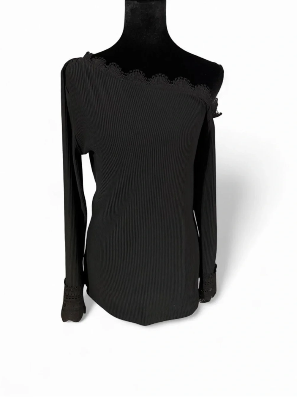 SHEIN Black Ribbed Off Shoulder Lace Trim Top Long Sleeve Fitted Blouse Size M - Picture 2 of 6
